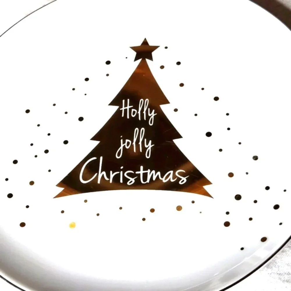 Pier 1 Holly Jolly Christmas Metallic Gold Porcelain 8 Dessert Appetizer Plates